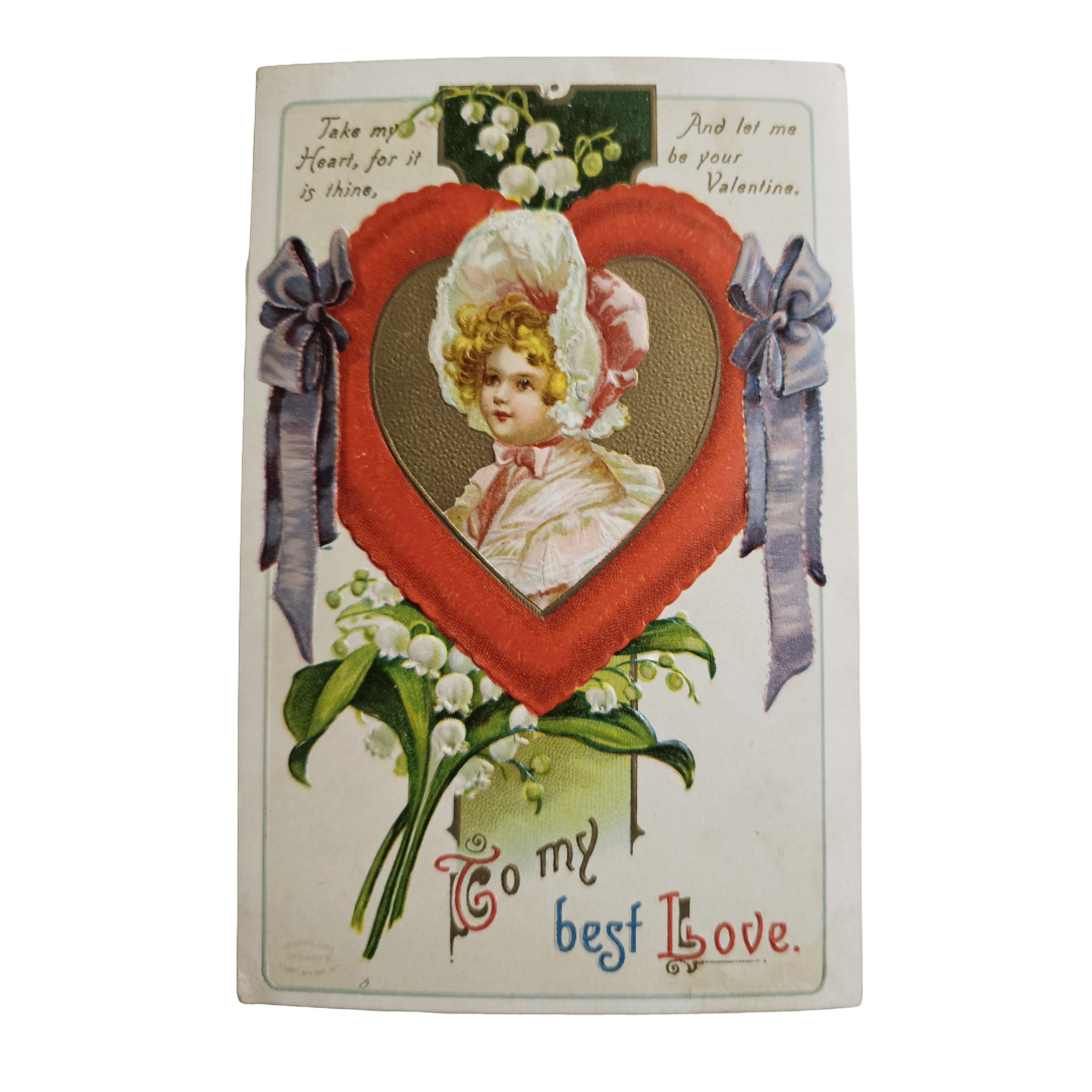 Valentine Postcard Clapsaddle Little Girl w/Bonnet In Red Heart Purple  Ribbons