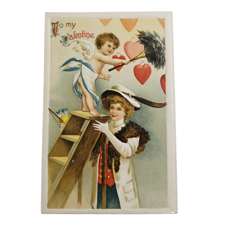 Valentine Postcard Clapsaddle Woman Watching Cupid Clean House w/Pink Red Hearts