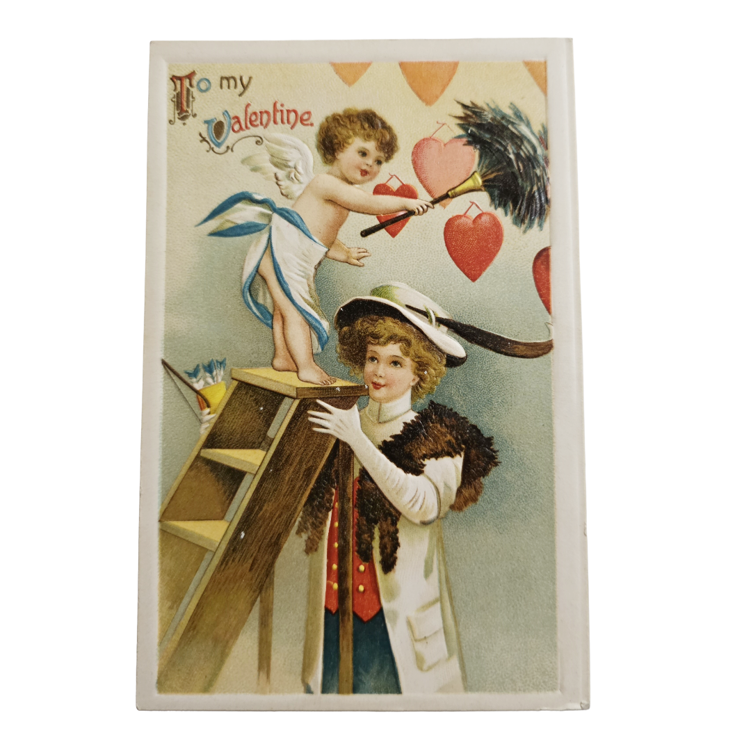 Valentine Postcard Clapsaddle Woman Watching Cupid Clean House w/Pink Red Hearts