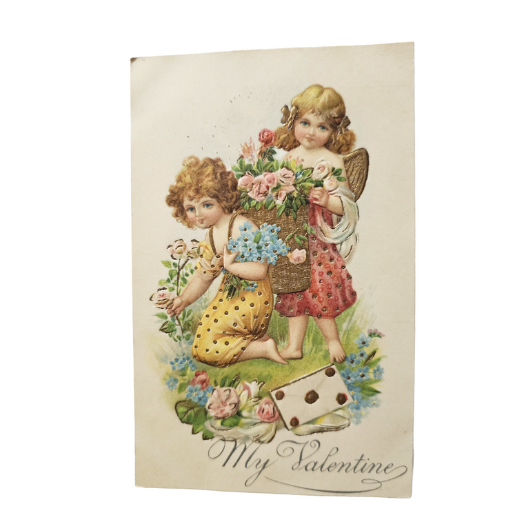Early Valentine Postcard Gold Embossed Cupids Picking Flowers Undivided