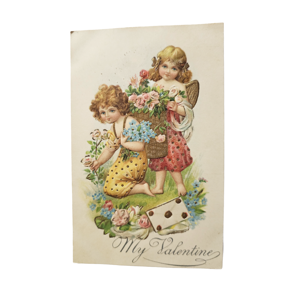 Early Valentine Postcard Gold Embossed Cupids Picking Flowers Undivided