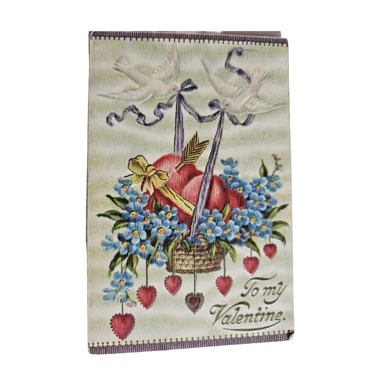 Valentine Postcard Silk Front Hearts In Basket w/Blue Flowers Purple Ribbons