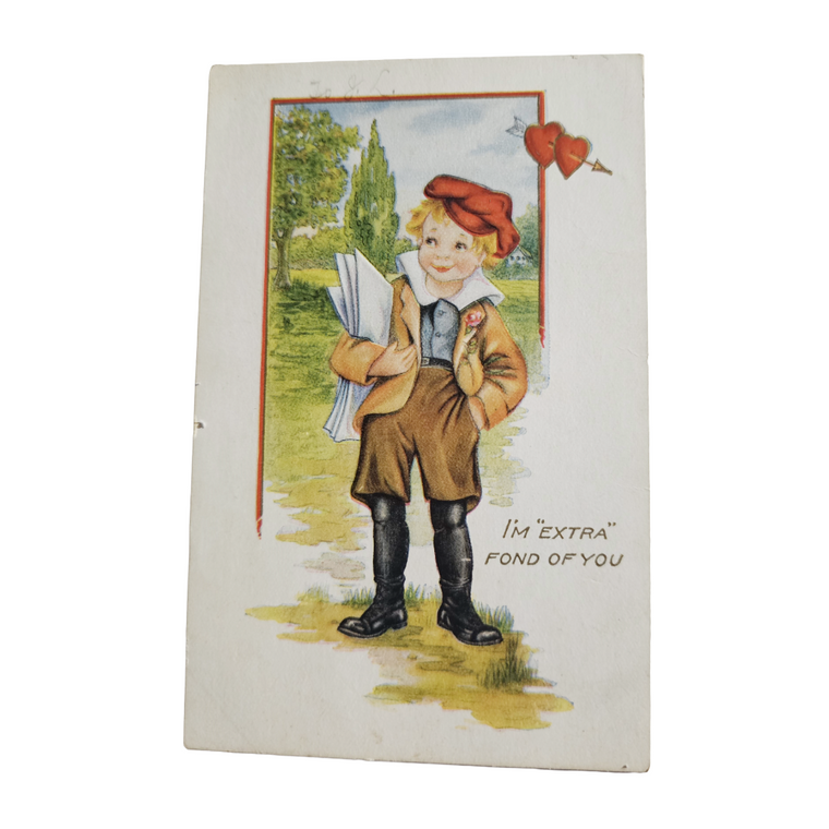 Valentine Postcard Whitney Newspaper Boy Red Cap /Hearts