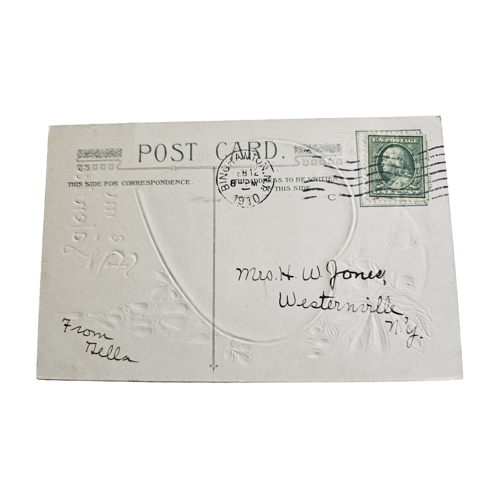 Valentine Postcard Winsch Victorian Woman Inside Heart w/Hearts on Leaf Branch