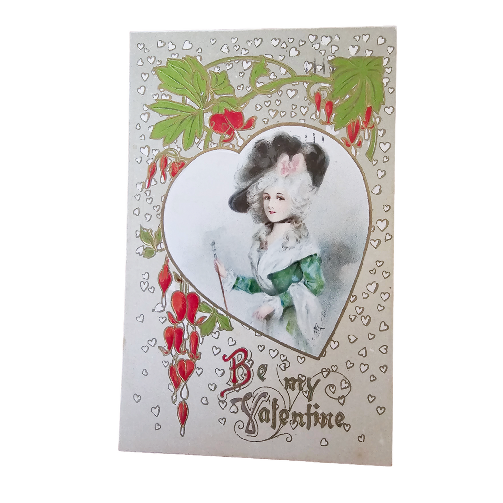 Valentine Postcard Winsch Victorian Woman Inside Heart w/Hearts on Leaf Branch