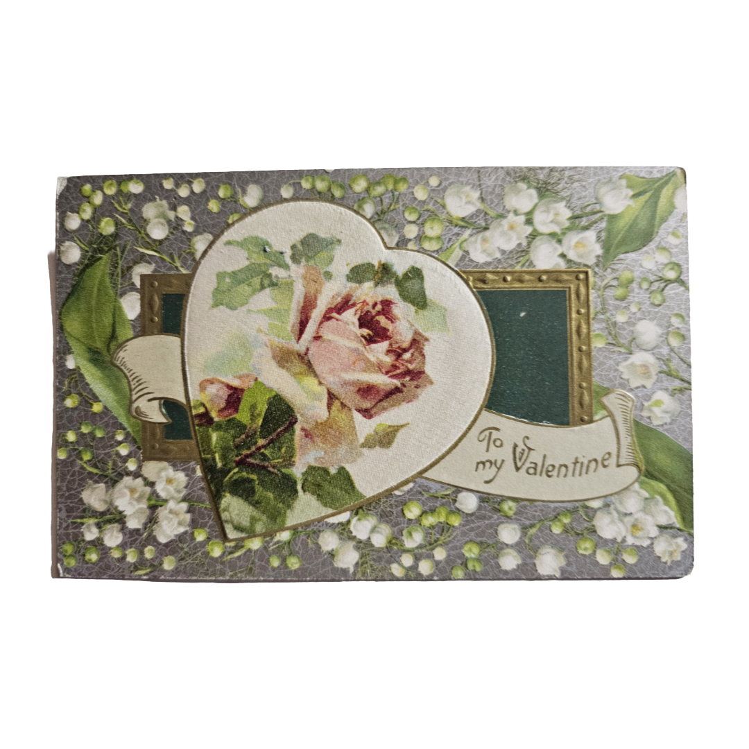 Valentine Postcard Winsch Gold Embossed Pink Rose In Heart w/White Flowers