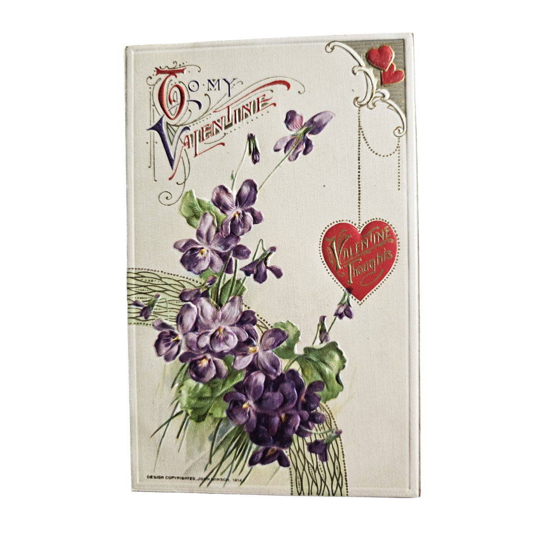 Valentine Postcard Winsch Embossed Violet Flowers w/Red Dangling Heart