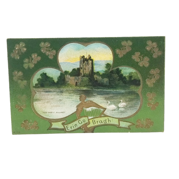Vintage Saint Patrick's Day Postcard Ross Castle  Killarney Ireland Gold Embossed