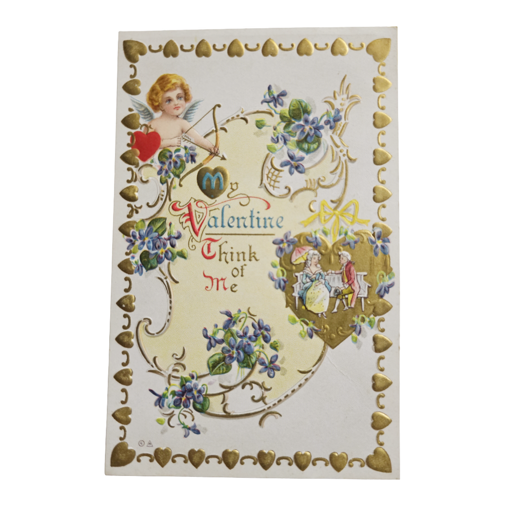 Valentine Postcard Gold Embossed Copr. E. Nash Cupid Shooting Arrow at Couple