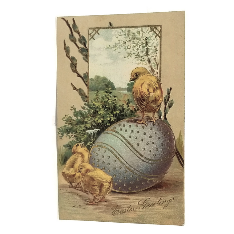 Easter Postcard Embossed Yellow Chicks On Giant Blue Egg Gold Gilded
