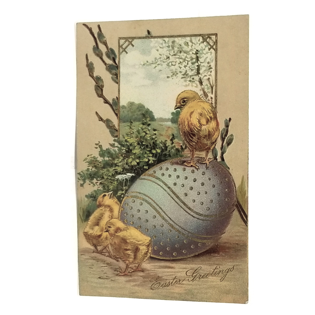 Easter Postcard Embossed Yellow Chicks On Giant Blue Egg Gold Gilded