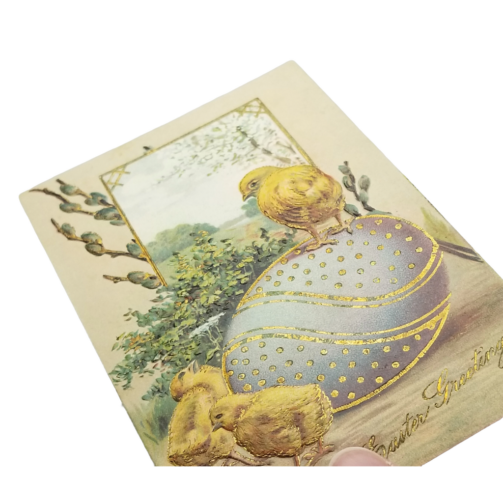 Easter Postcard Embossed Yellow Chicks On Giant Blue Egg Gold Gilded