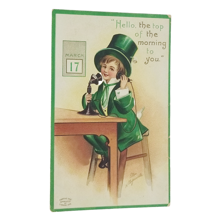 Vintage Saint Patrick's Day Postcard Clapsaddle Boy In Green w/Telephone Green Border