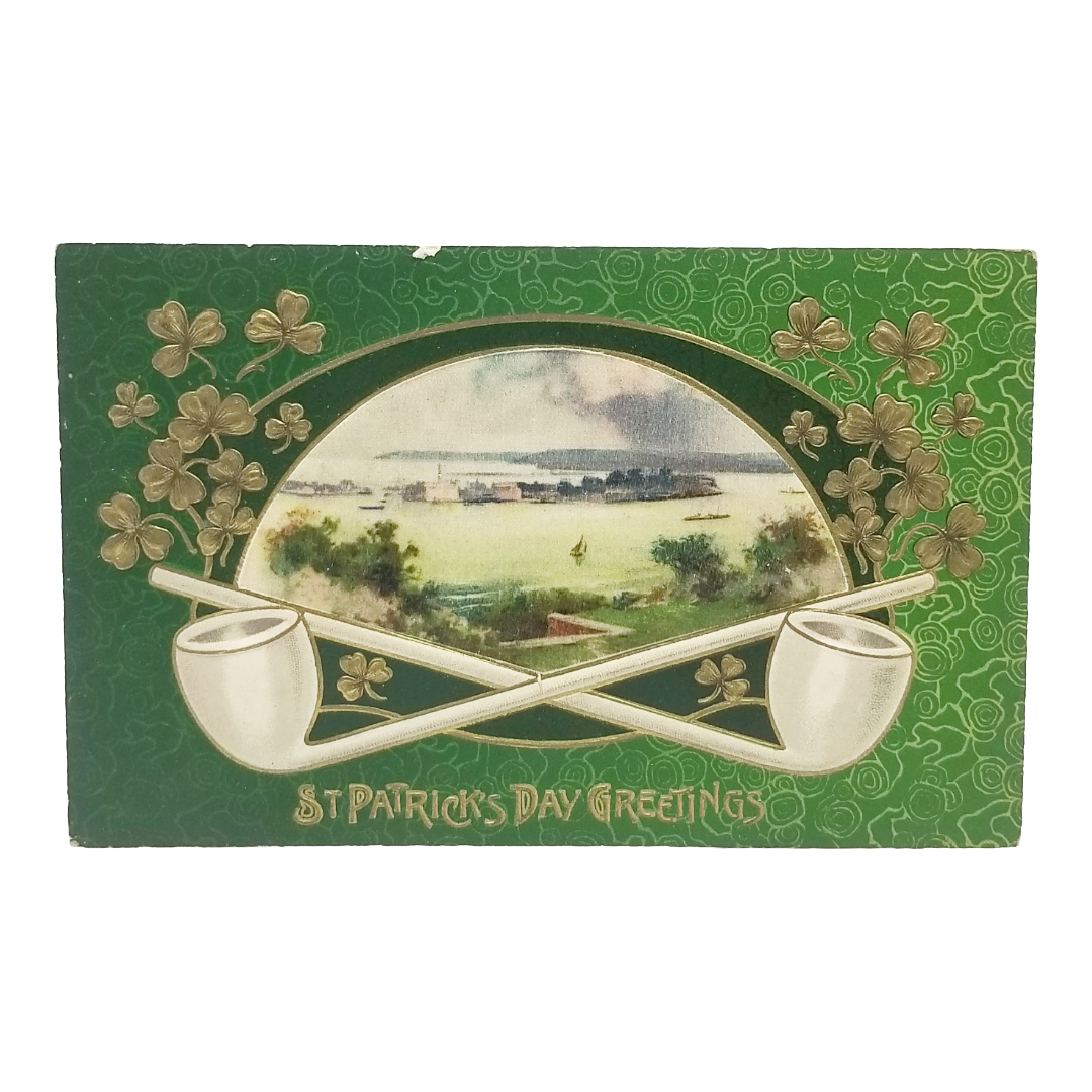 Vintage Saint Patrick's Day Postcard Winsch Crossed Pipes w/Bucolic Irish Scene