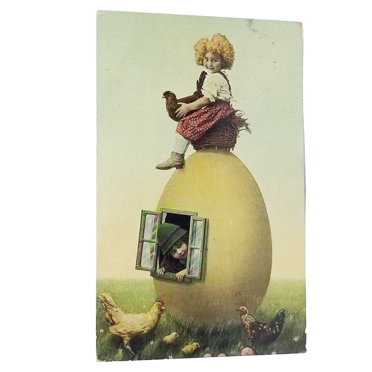 Easter Postcard RPPC Style Children in Egg House with Chickens
