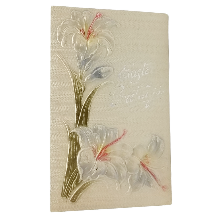 Easter Postcard White Lilies with Silk Style Raised Embossed Airbrushed