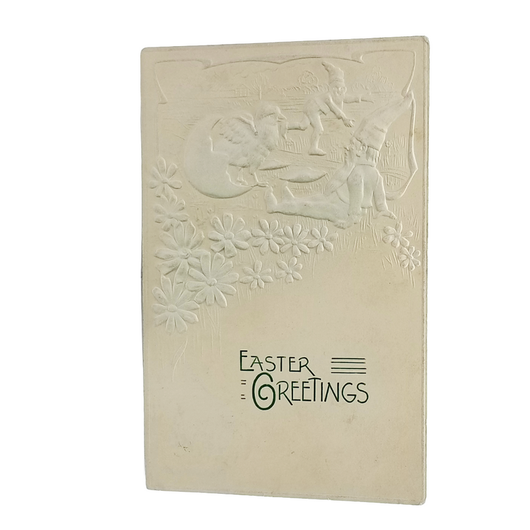 Easter Postcard Airbrushed High Embossed Gnomes Playing Hen in Egg