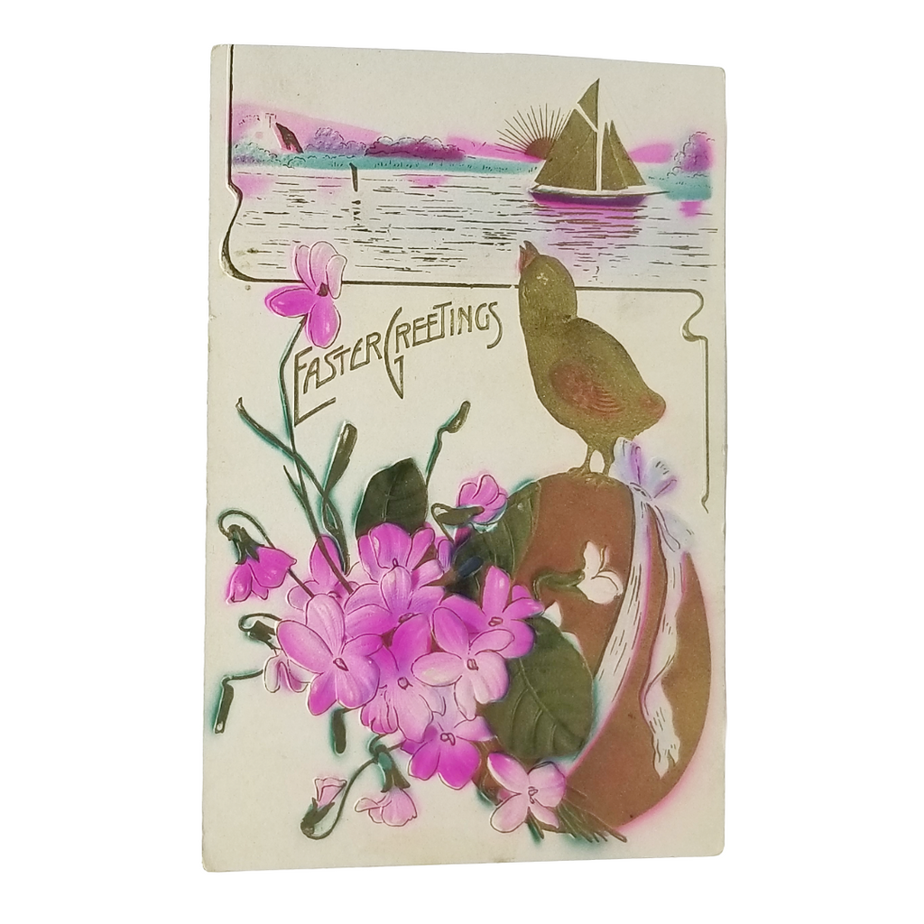 Easter Postcard Baby Chick Air Brushed Gold Egg Pink Flower