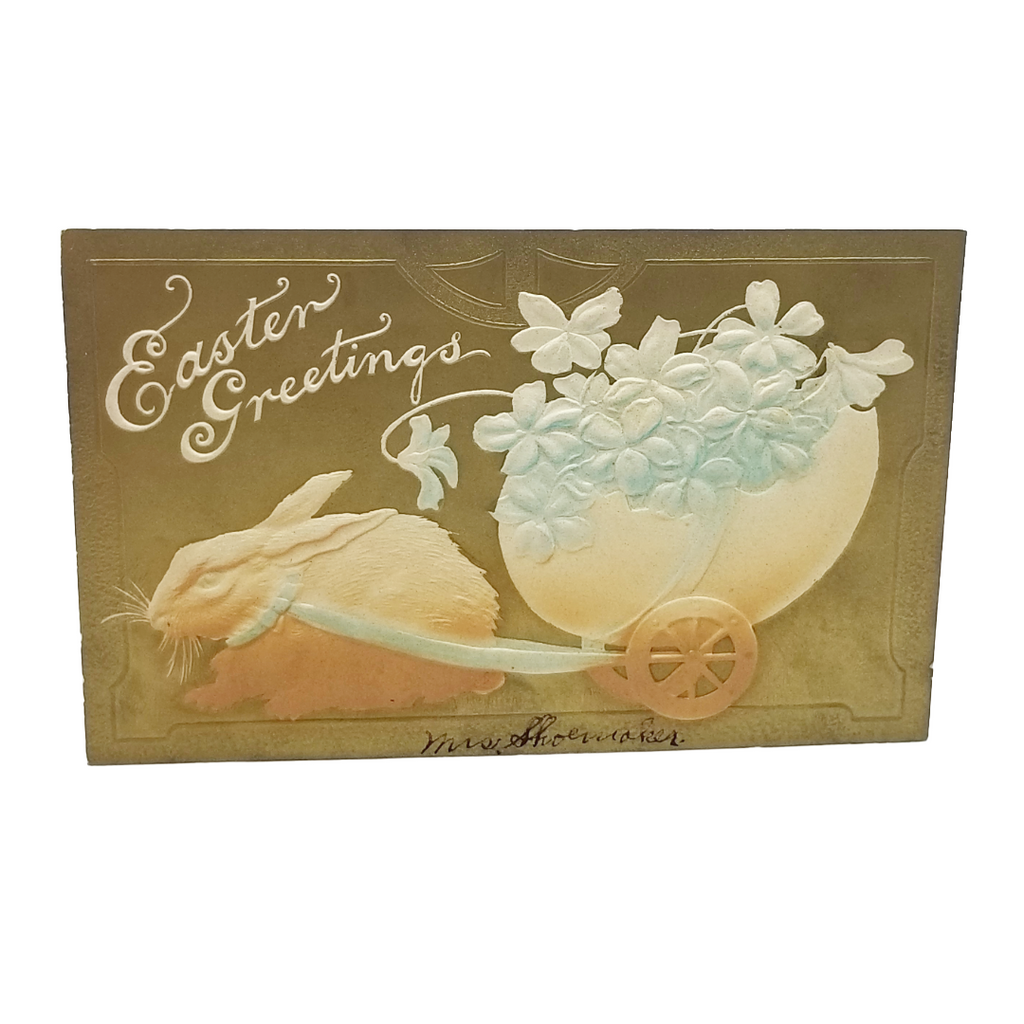 Easter Postcard Airbrushed High Embossed Rabbit Pulling Egg Wagon