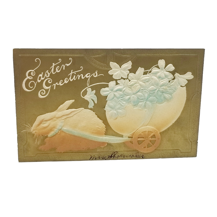 Easter Postcard Airbrushed High Embossed Rabbit Pulling Egg Wagon