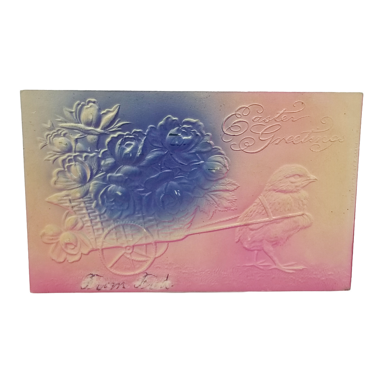 Easter Postcard Airbrushed High Embossed Chick Pulling Basket of Flowers