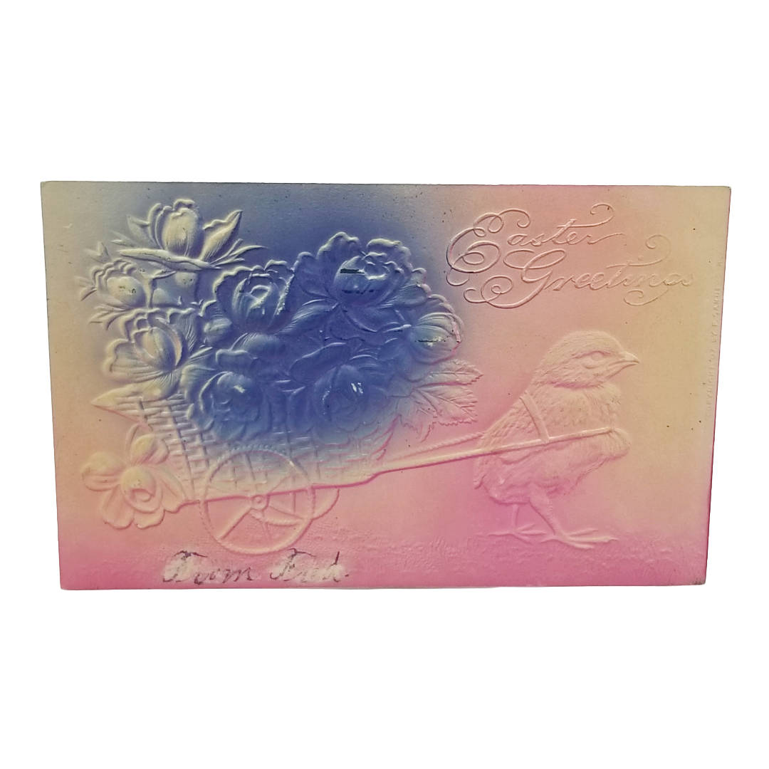 Easter Postcard Airbrushed High Embossed Chick Pulling Basket of Flowers