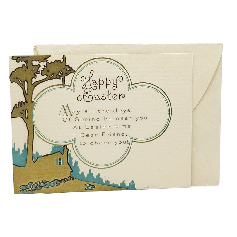 Arts Craft Period Easter Card w/ Original Envelope Gold Teal Tones