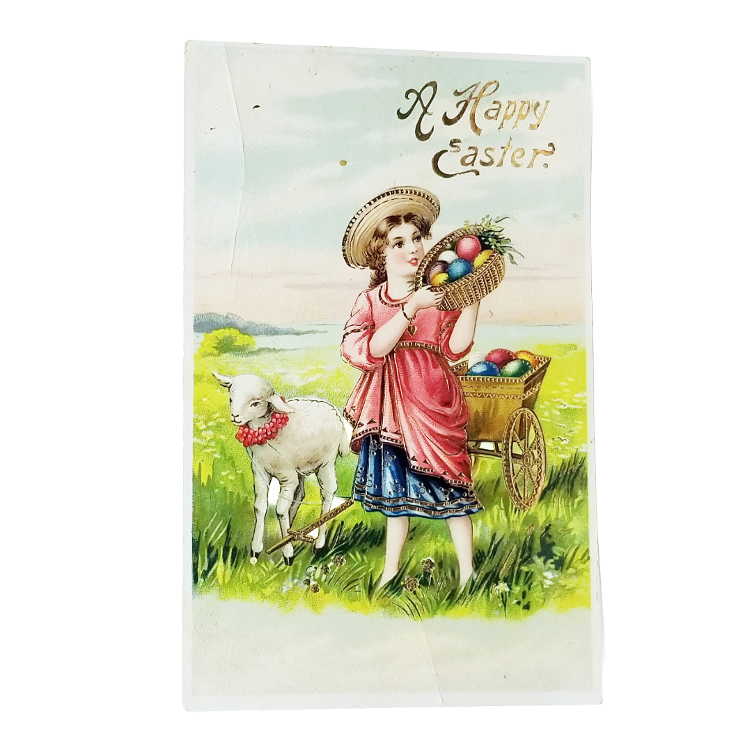 Easter Postcard Little Girl w/ Egg Basket & Lamb Series 8721 Gel Finish