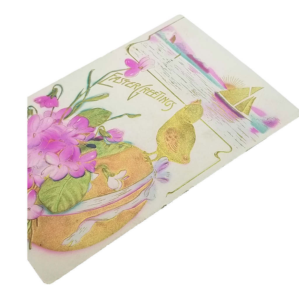 Easter Postcard Baby Chick Air Brushed Gold Egg Pink Flower