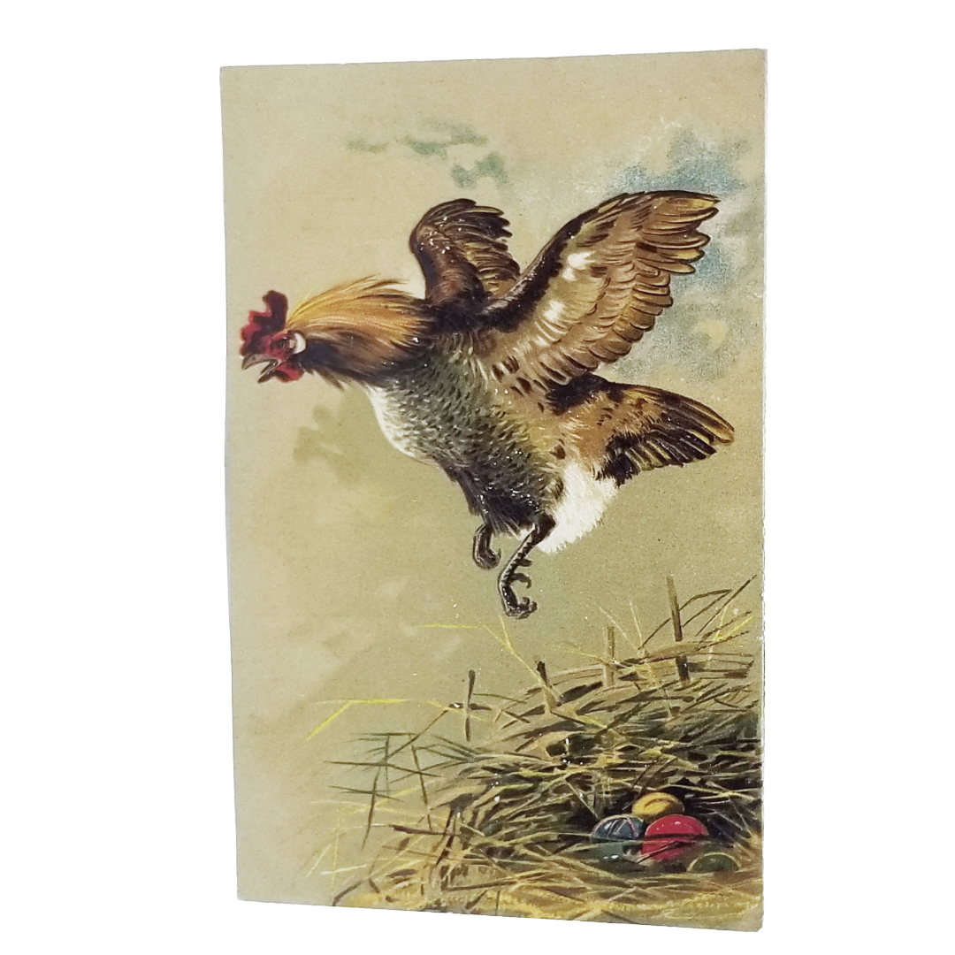 Easter Postcard Flying Rooster Over Painted Eggs in Nest Series 3201