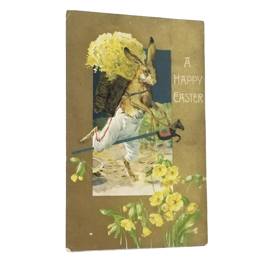 Easter Postcard Anthropomorphic Bunny Rabbit on Hobby Horse Winsch Pub
