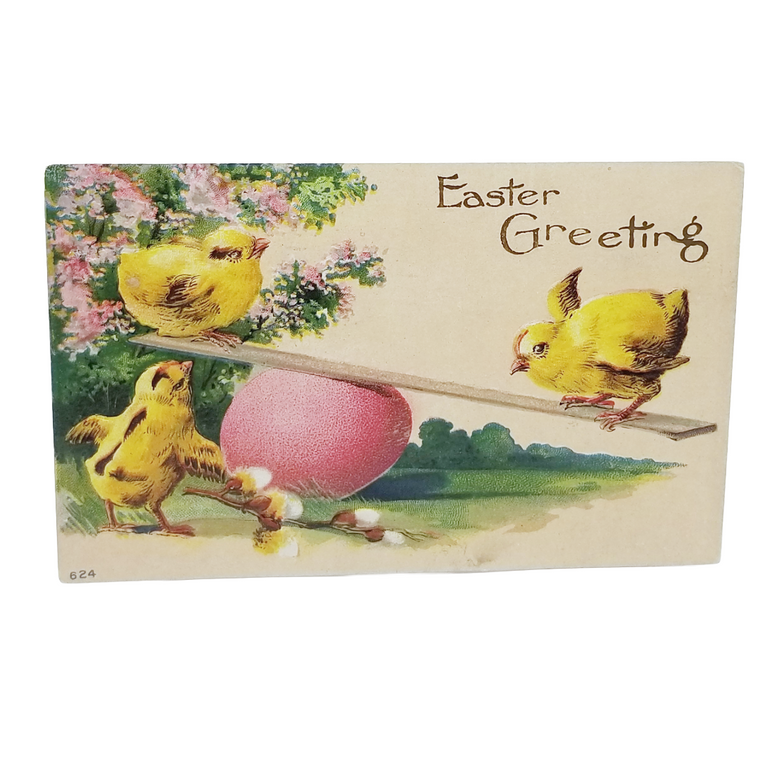 Easter Postcard Baby Chicks Playing on Egg Seesaw