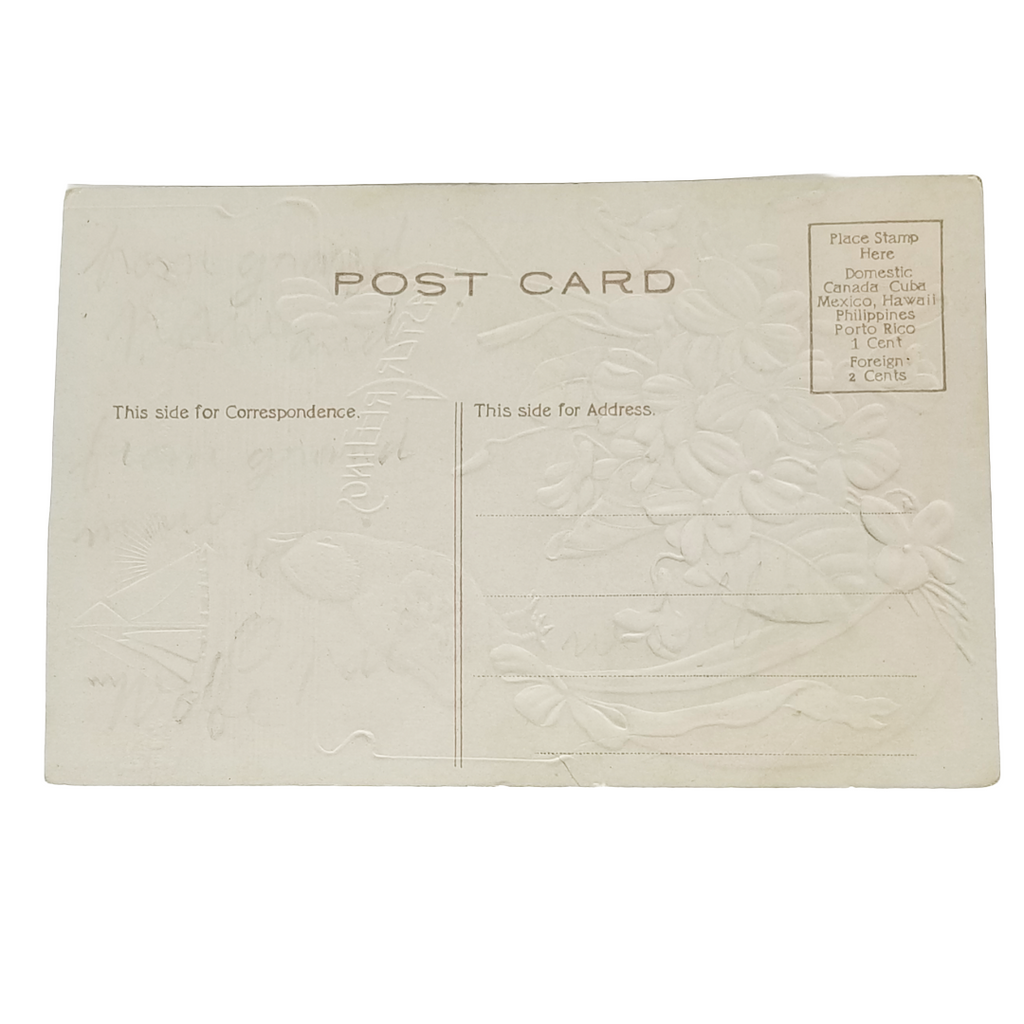 Easter Postcard Baby Chick Air Brushed Gold Egg Pink Flower