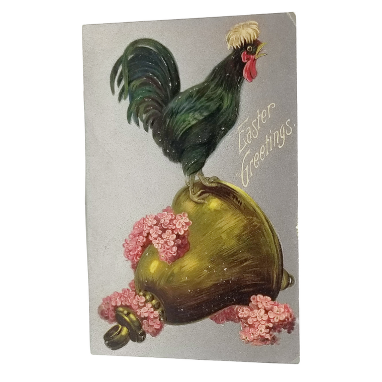 Easter Postcard Rooster Standing on Gold Bell & Pink Flowers Series 337