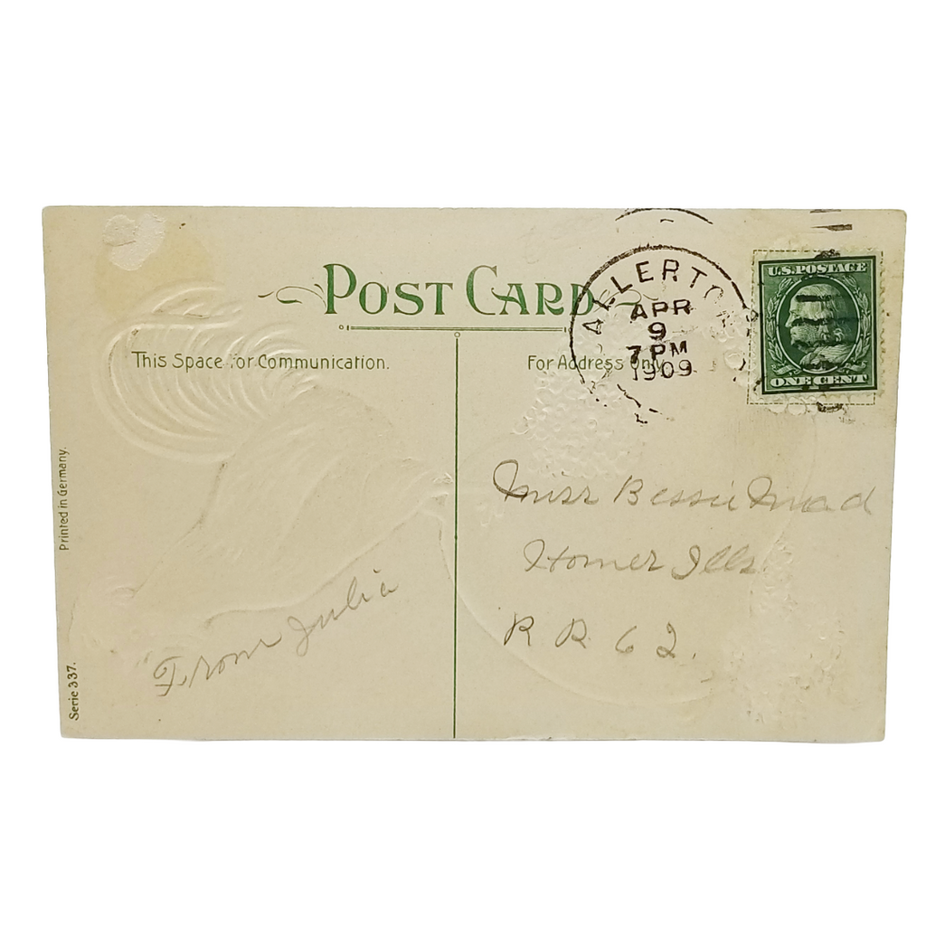 Easter Postcard Rooster Standing on Gold Bell & Pink Flowers Series 337