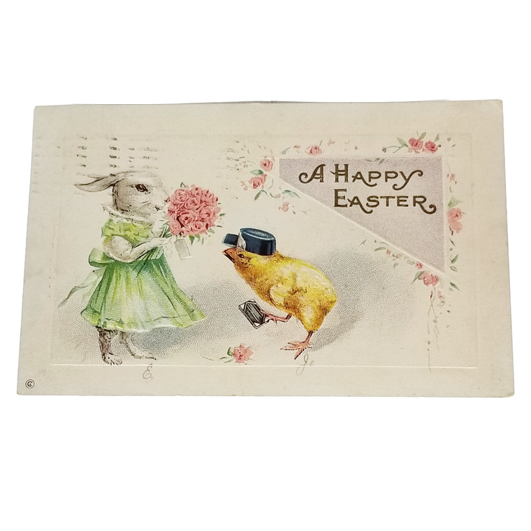 Easter Postcard Anthropomorphic Bunny in Dress Baby Chick in Delivery Hat