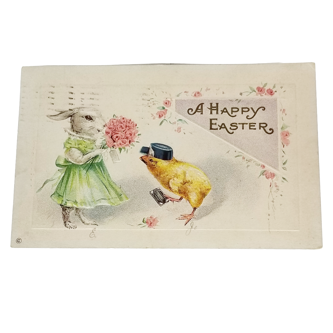 Easter Postcard Anthropomorphic Bunny in Dress Baby Chick in Delivery Hat