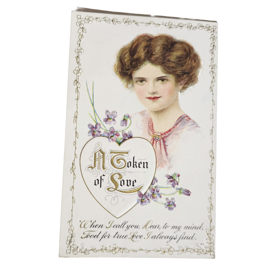 Vintage Valentine Postcard Edwardian Woman In Flower Border /A Token of Love