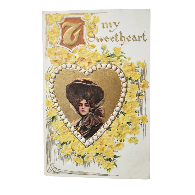 Vintage Valentine Postcard Edwardian Woman In Gold Flower Heart /To My Sweetheart