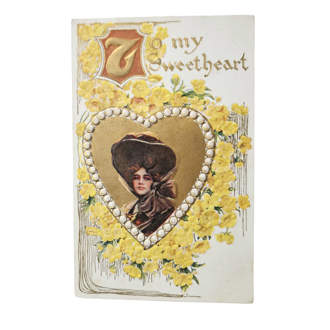 Vintage Valentine Postcard Edwardian Woman In Gold Flower Heart /To My Sweetheart