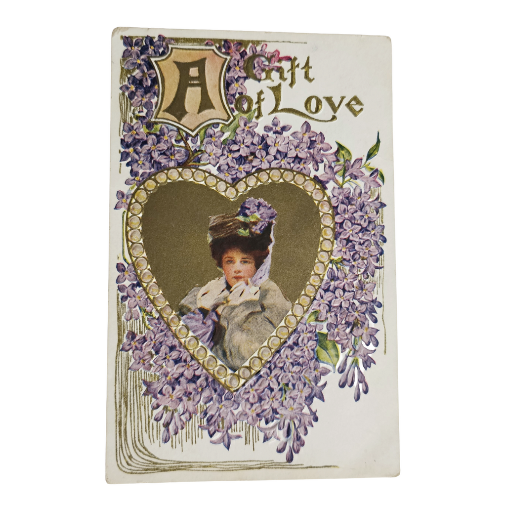 Vintage Valentine Postcard Edwardian Woman In Gold Purple Flower Heart