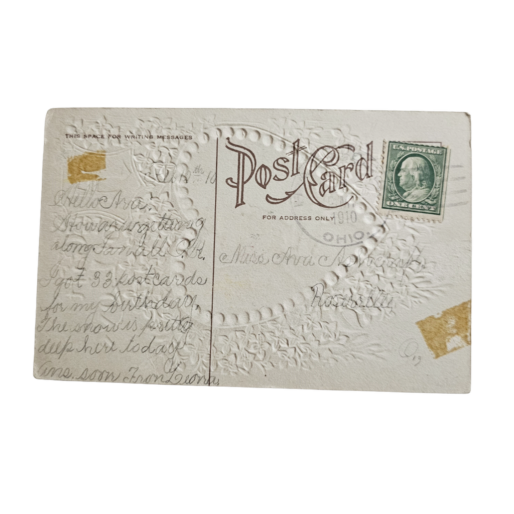 Vintage Valentine Postcard Edwardian Woman In Gold Purple Flower Heart