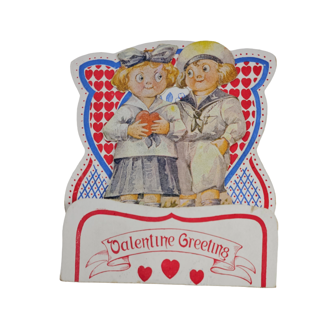 Antique 1920s Die Cut Valentine Fold Down Sailor Couple w/Hearts