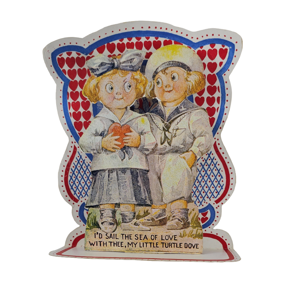 Antique 1920s Die Cut Valentine Fold Down Sailor Couple w/Hearts