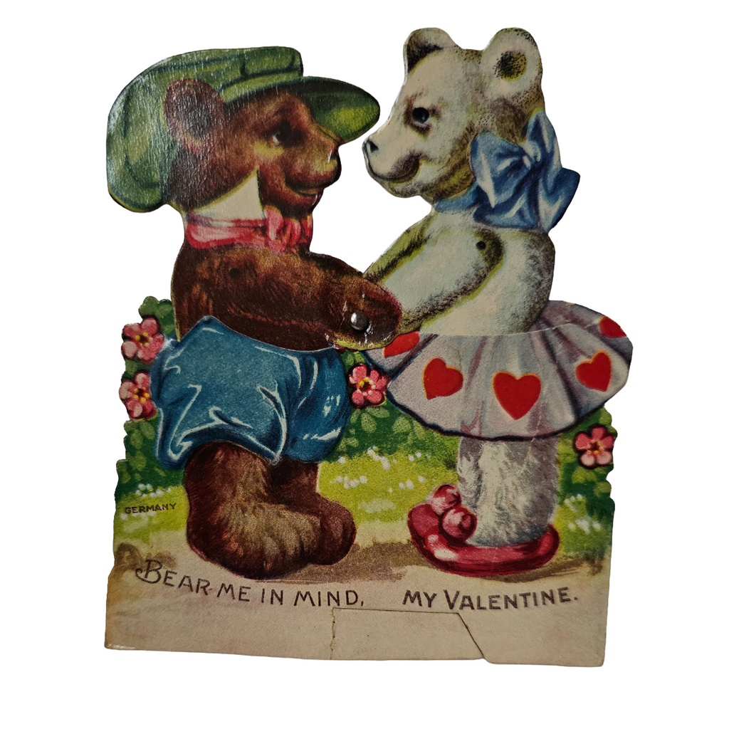 Vintage German Die Cut 1910s Valentine Mechanical Bear Couple Holding Hands
