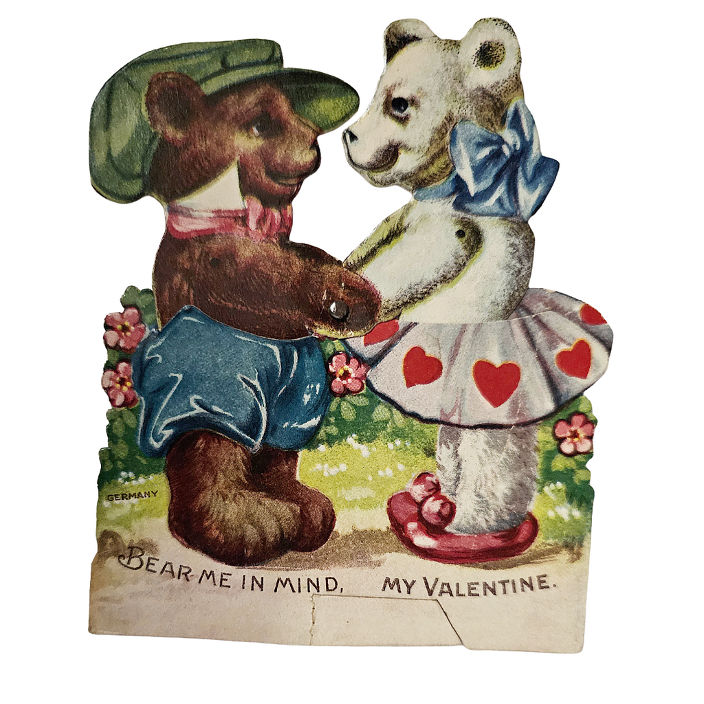 Vintage German Die Cut 1910s Valentine Mechanical Bear Couple Holding Hands