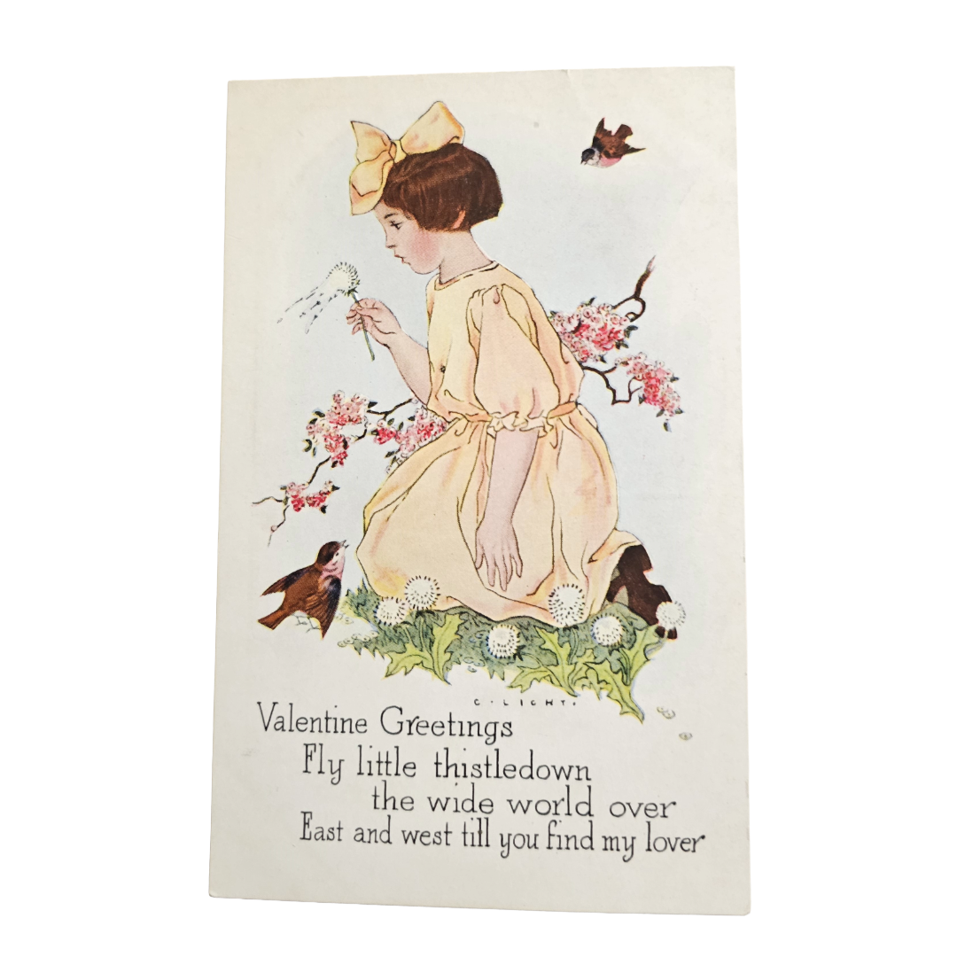 Vintage Valentine Postcard Gibson Pub Girl Blowing On Dandelion w/Birds