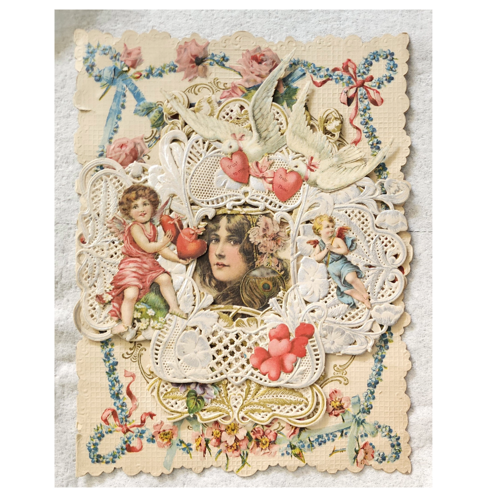 Antique 1800s Valentine Victorian Die Cut Dresden Lace Woman w/Cupids and Hearts