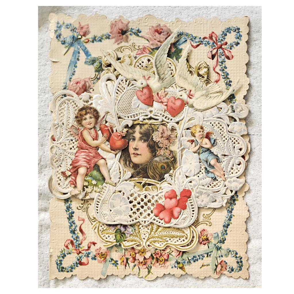 Antique 1800s Valentine Victorian Die Cut Dresden Lace Woman w/Cupids and Hearts