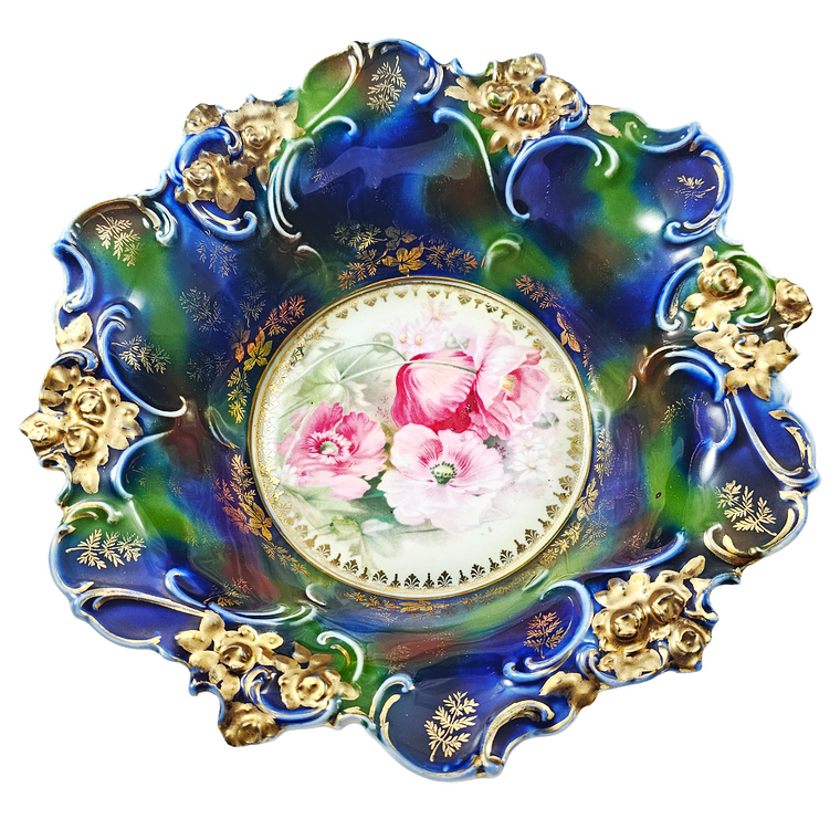 large RS Prussia cobalt bowl with gold highlights and pink poppies in the center.